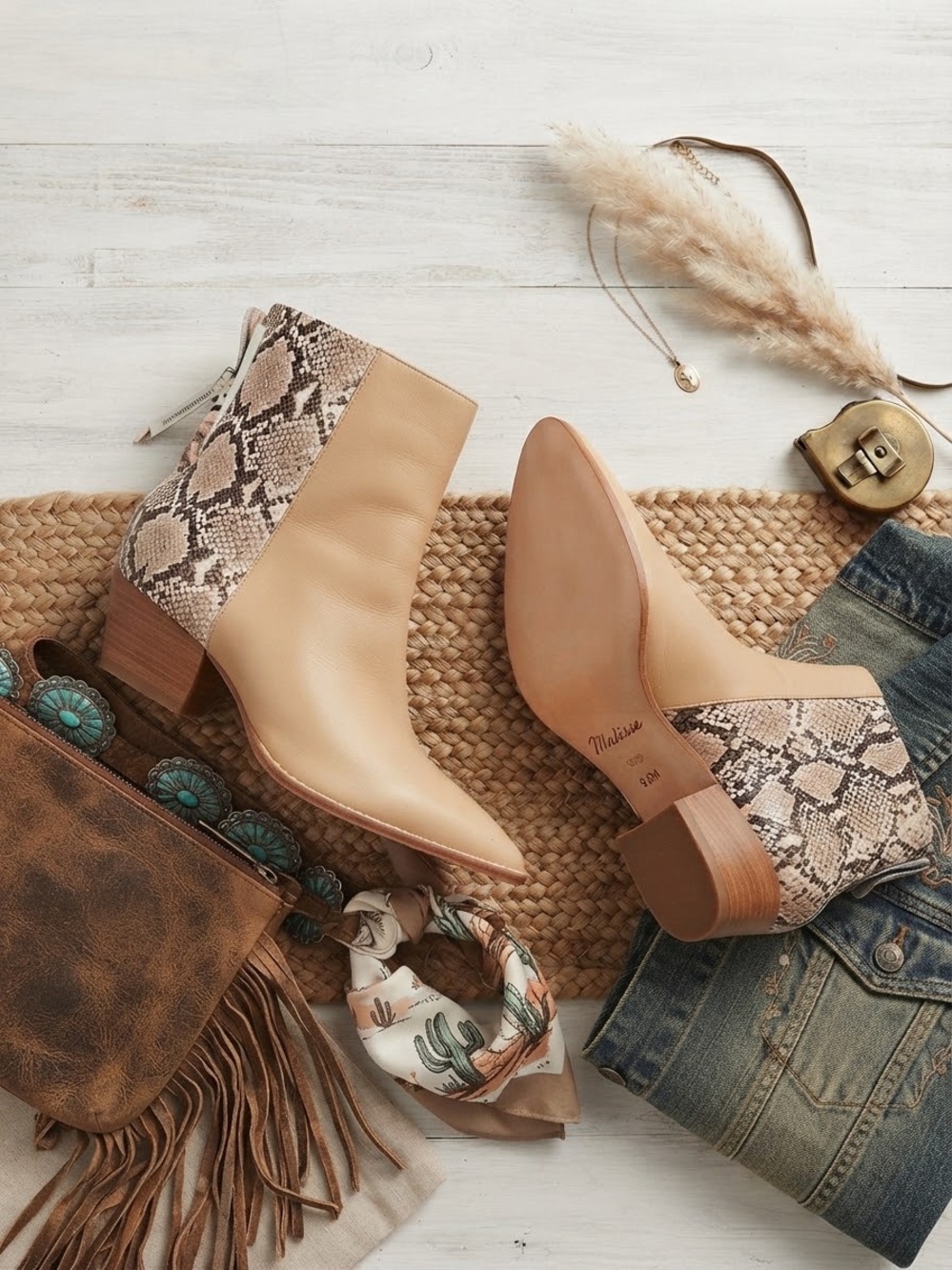 Matisse Tan Leather & Snake Print Western Ankle Booties